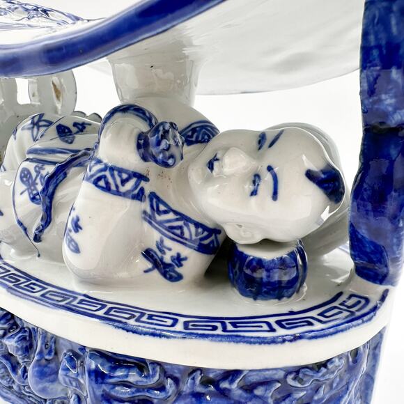 Antique Chinese Neck Pillow Blue and White Chinoiserie Dragon Boat Porcelain - Picture 4 of 13